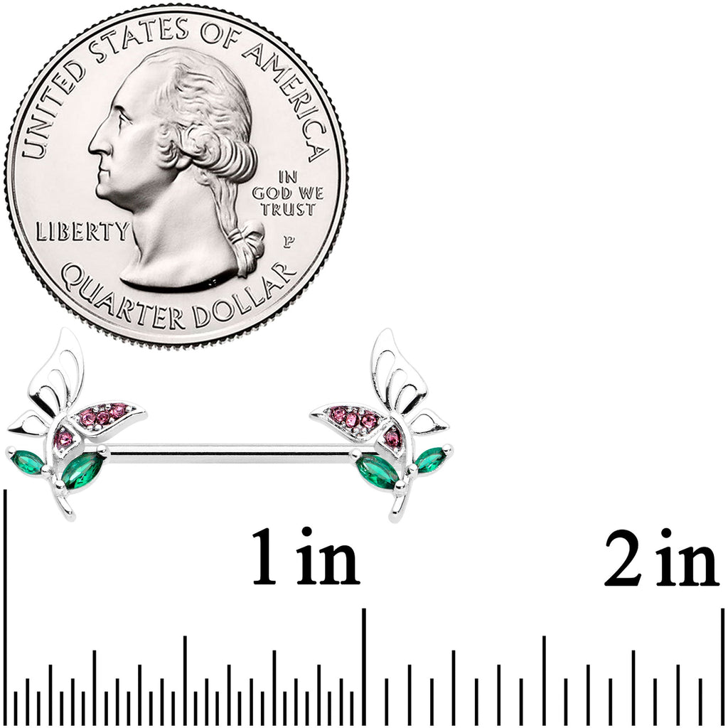14G 9/16 Pink Green Gem Floral Butterfly Nipple Ring Set