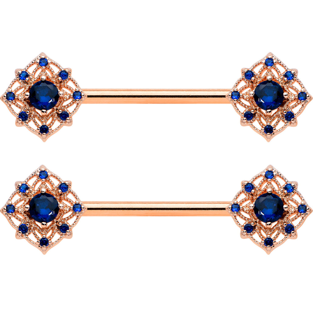 14G 9/16 Blue Gem Rose Gold Tone Wicked Web Nipple Ring Set