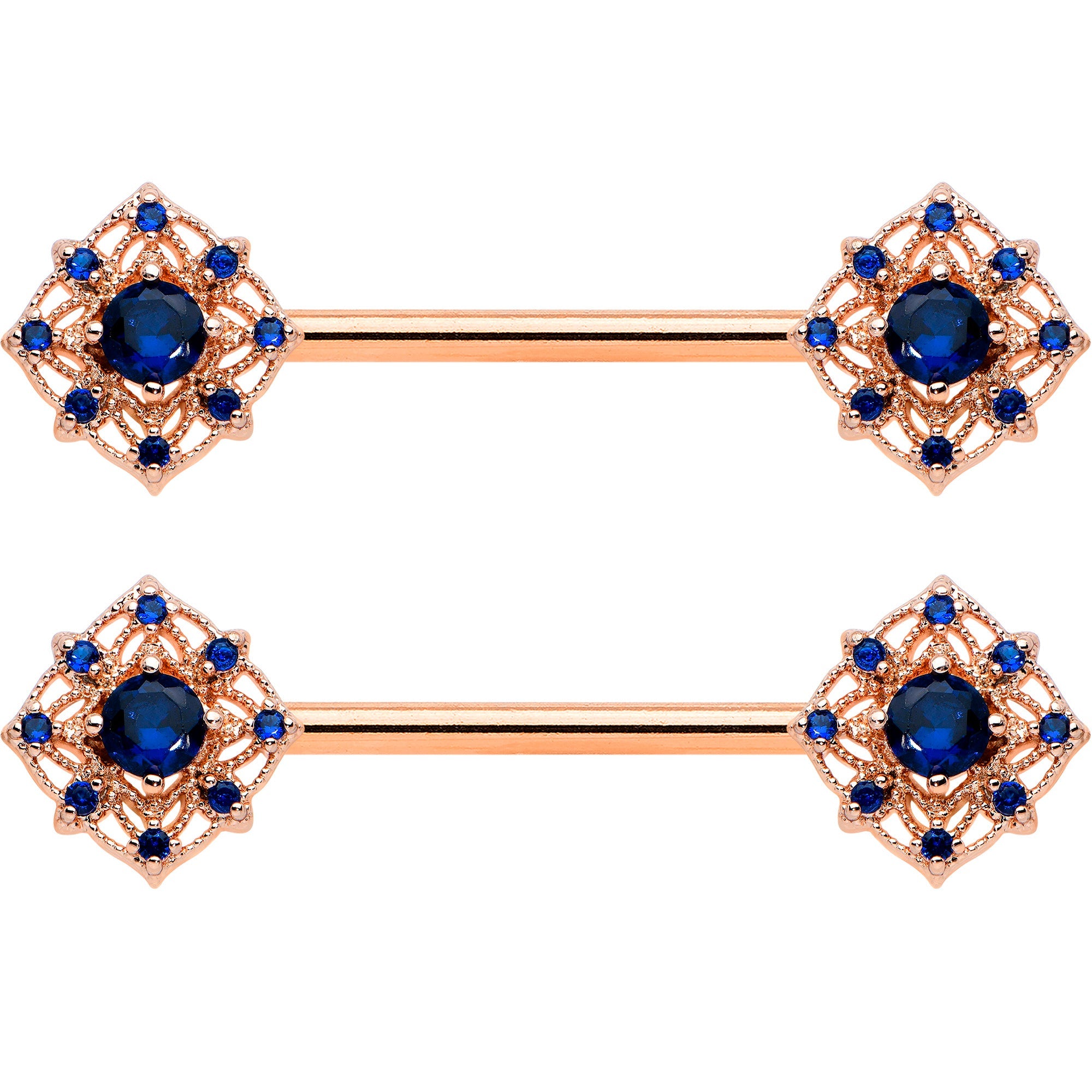 14G 9/16 Blue Gem Rose Gold Tone Wicked Web Nipple Ring Set