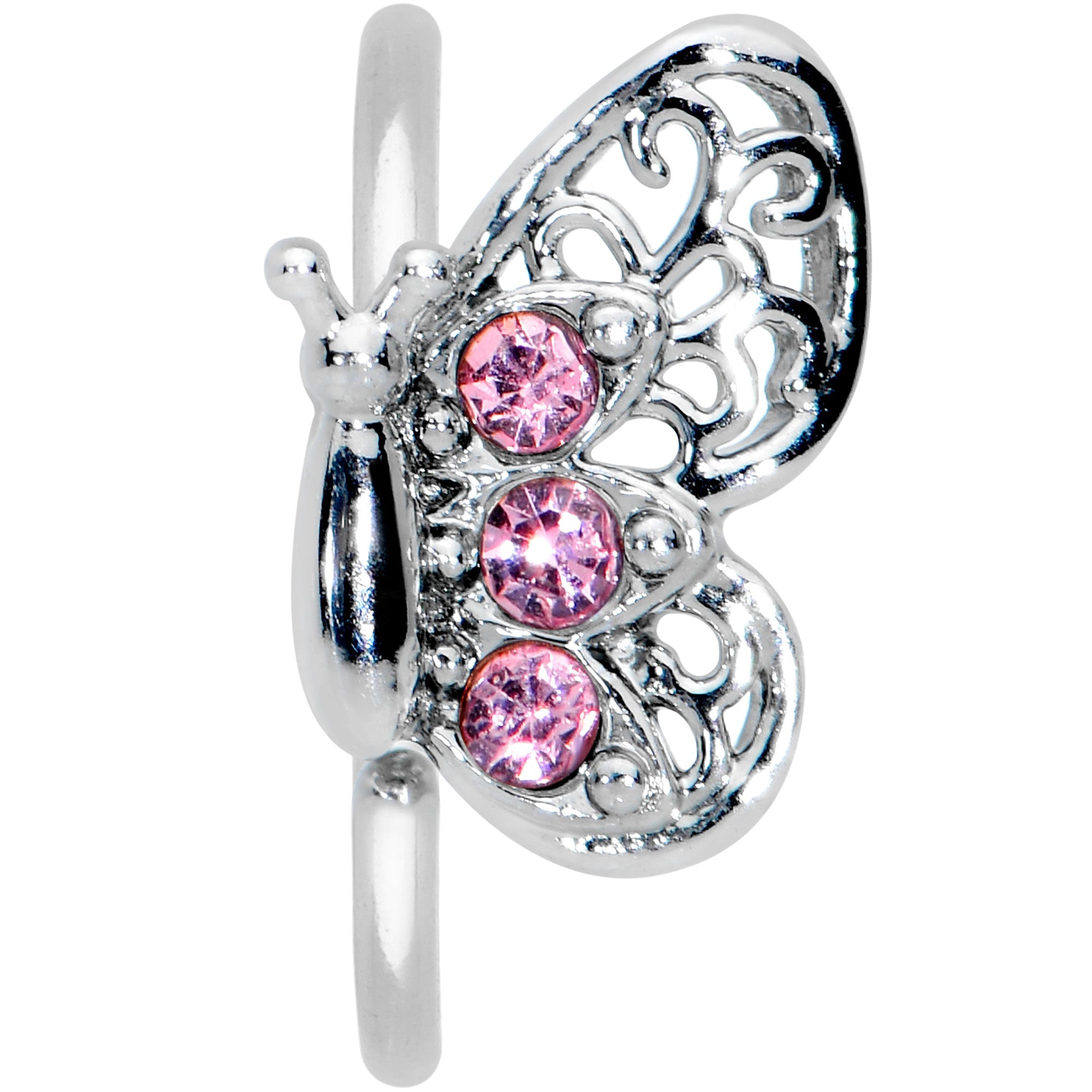 20G 5/16 Pink Gem Lacy Butterfly Nose Hoop