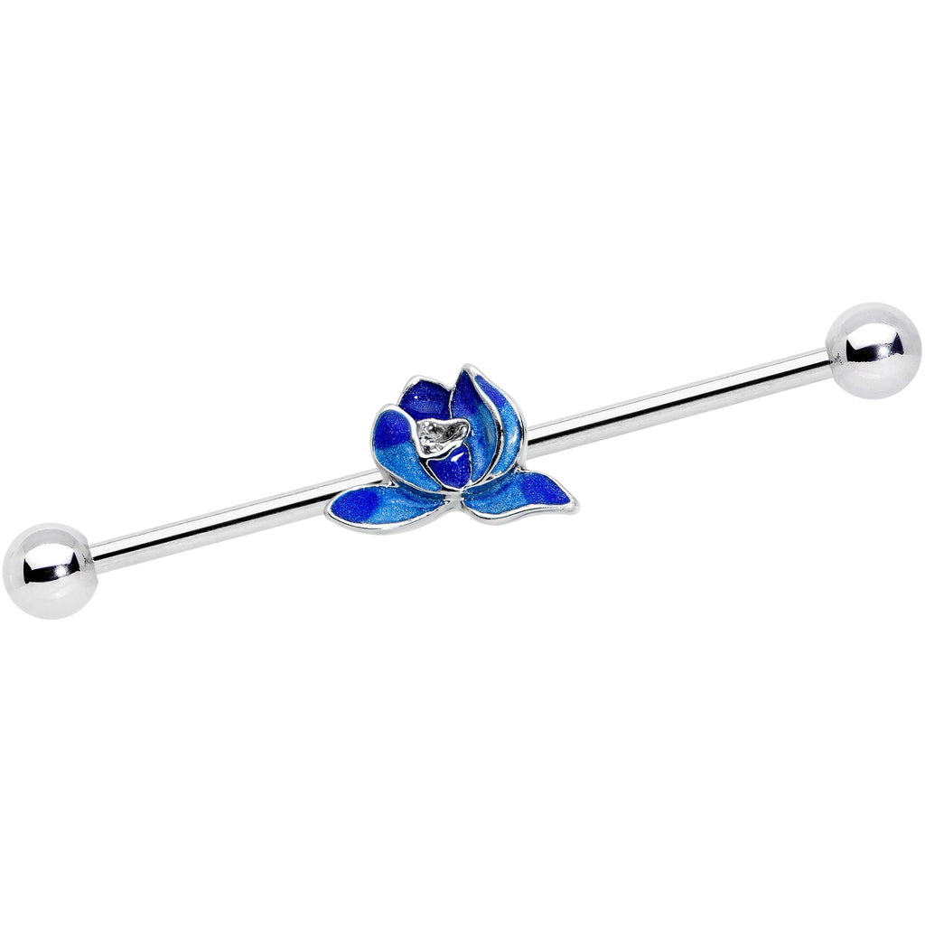 14G Lovely Blue Lotus Flower Industrial Barbell 38mm