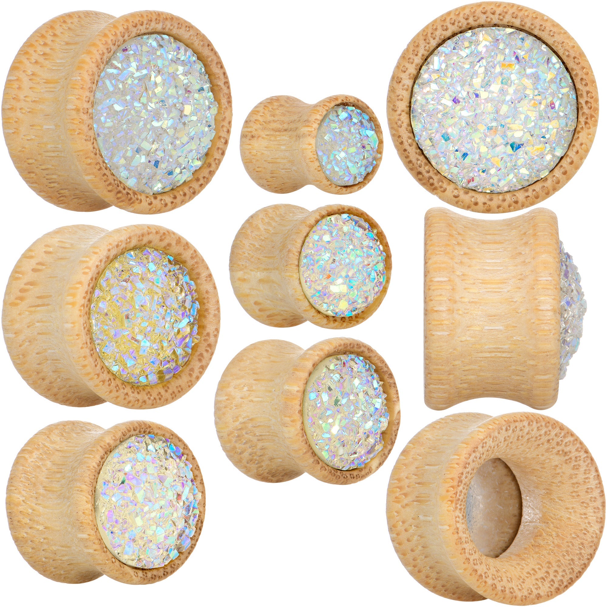 White Druzy Stone Wood Saddle Plug Set