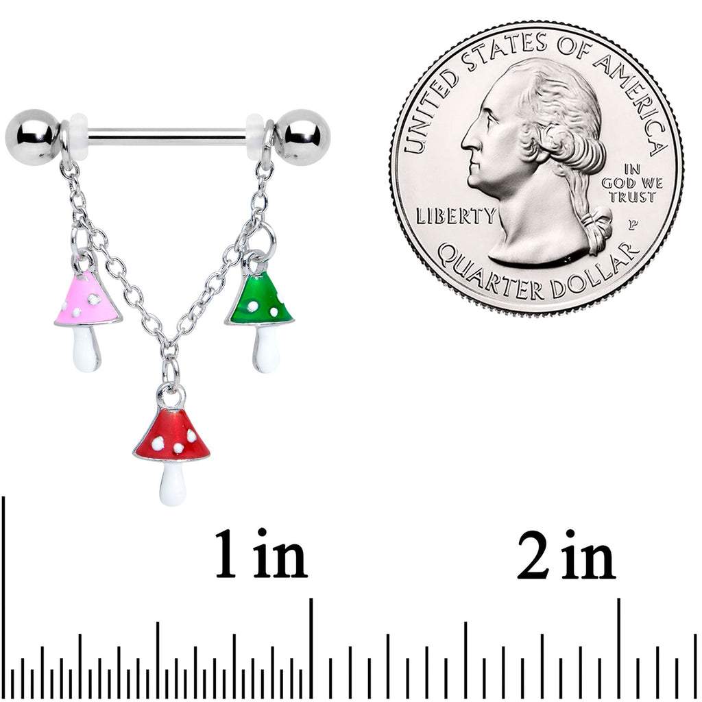 14G 9/16 Pink Green Red Mushroom Chain Dangle Nipple Ring Set