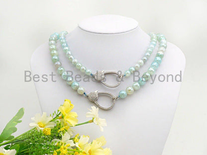 Aqua Blue Agate Attachment Necklace with Large CZ Pave Silver clasp, Pave Diamond Beaded Choker, 18 long, 8mm/10mm beads size, sku#D44