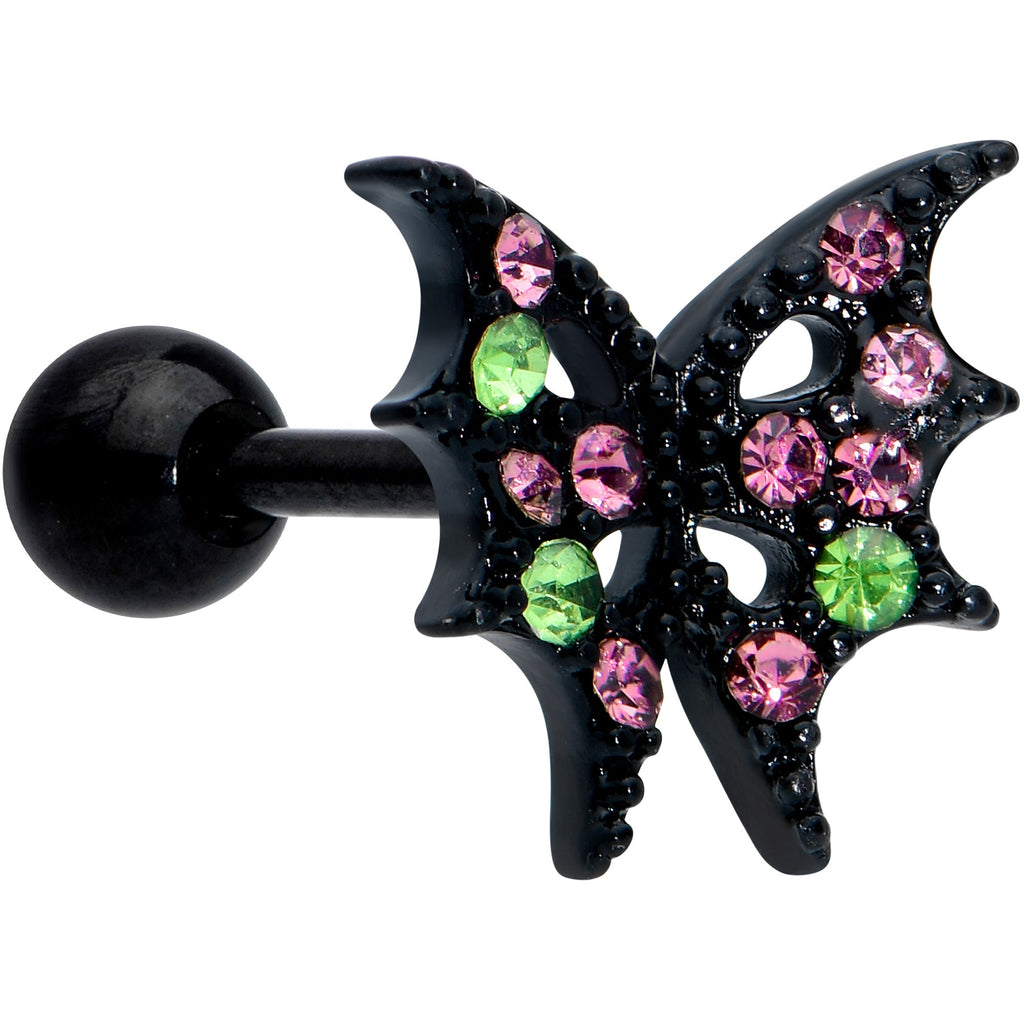 16G 1/4 Pink Green Gem Black Bat Wings Halloween Cartilage Tragus