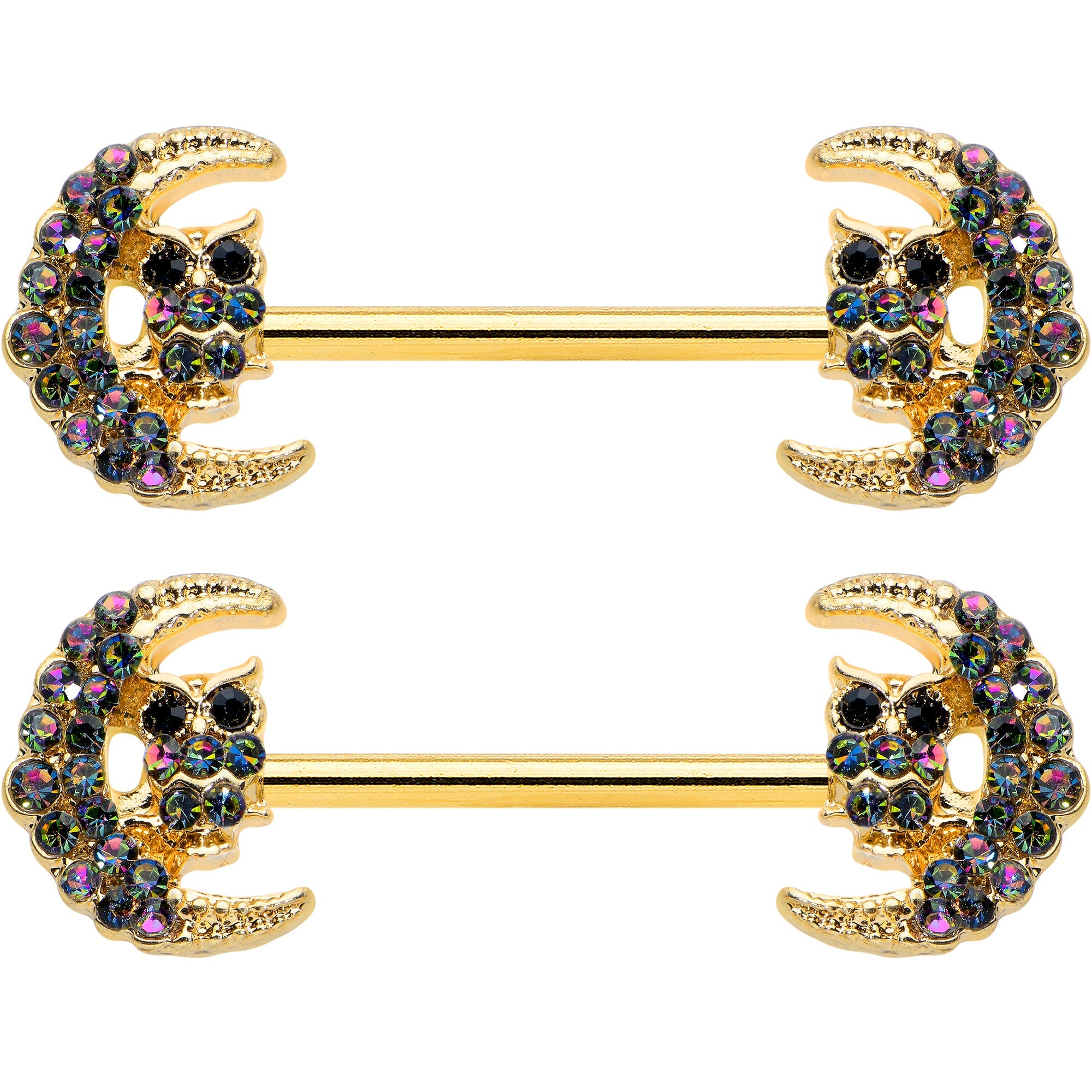 14G 5/8 Aurora Gem Gold Tone Owl Moon Barbell Nipple Ring Set