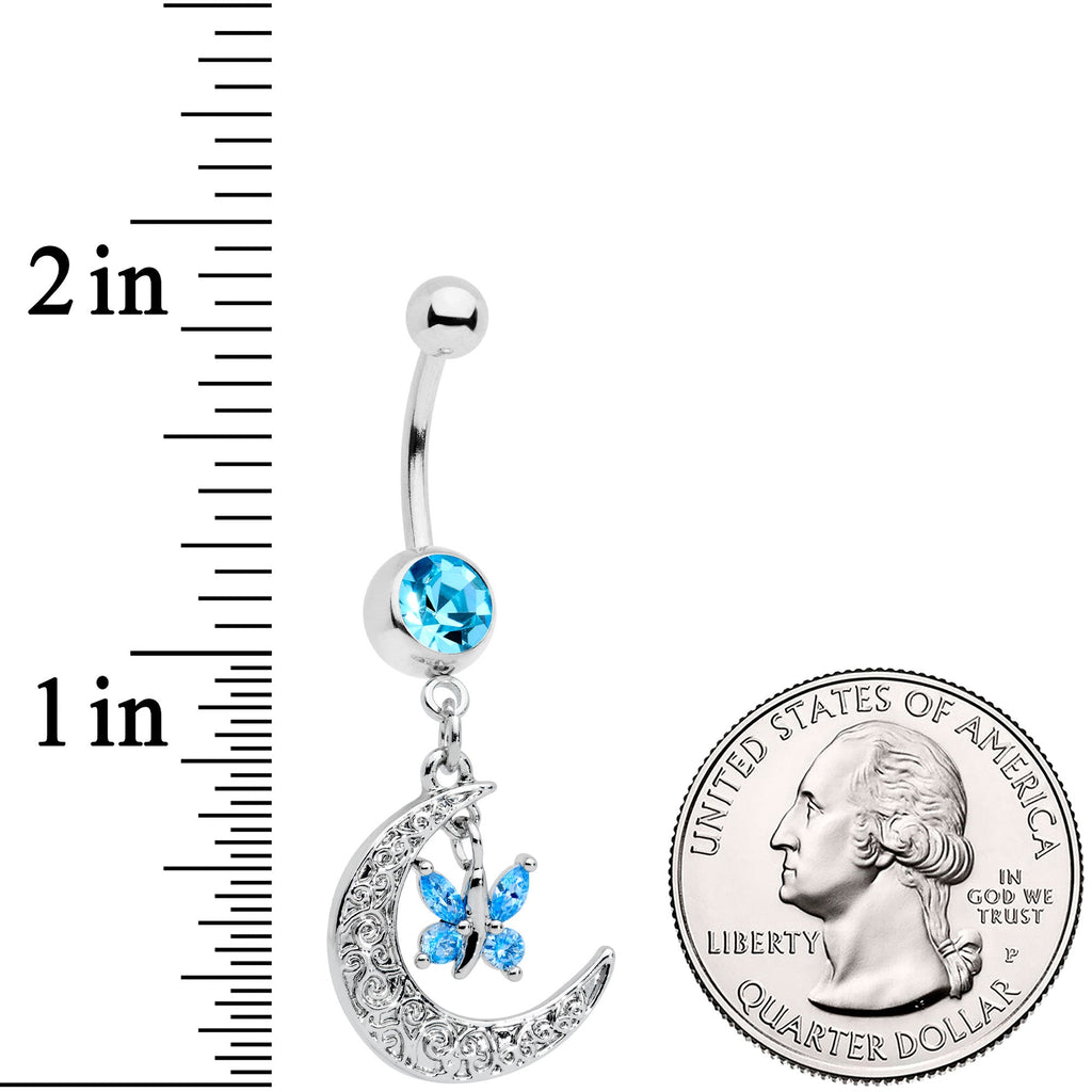 Aqua Gem Crescent Moon Butterfly Dangle Belly Ring