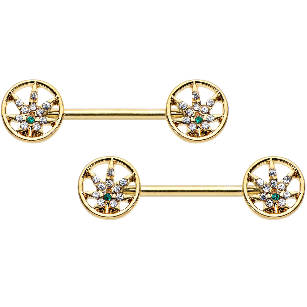 14G 9/16 Clear Green Gem Gold Hue Pot Leaf Circle Nipple Ring Set