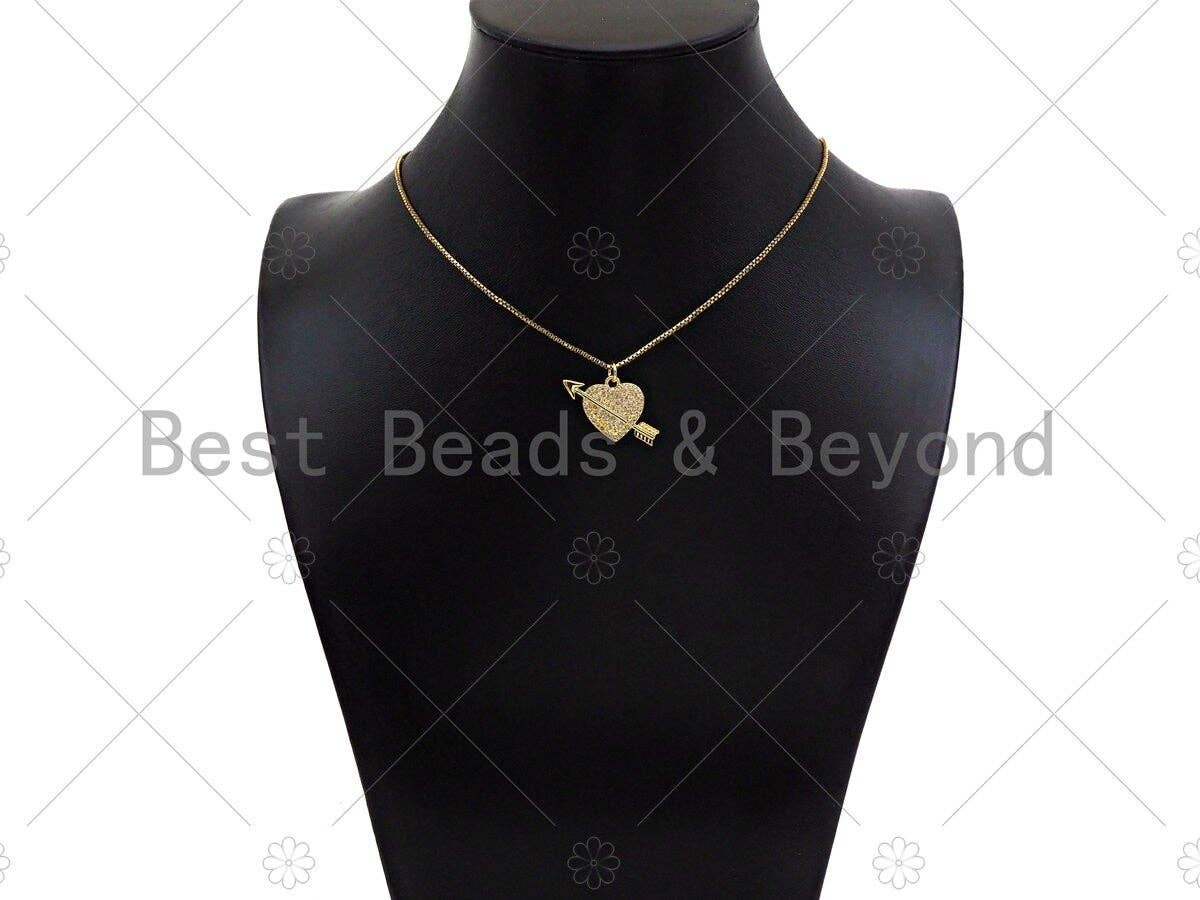 CZ Micro Pave Cupid Arrow On Heart Shape Pendant,Cubic Zirconia Dainty Gold Charm, Necklace Bracelet Charm Pendant,25x18mm, Sku#LK271