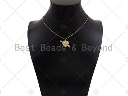 CZ Micro Pave Cupid Arrow On Heart Shape Pendant,Cubic Zirconia Dainty Gold Charm, Necklace Bracelet Charm Pendant,25x18mm, Sku#LK271