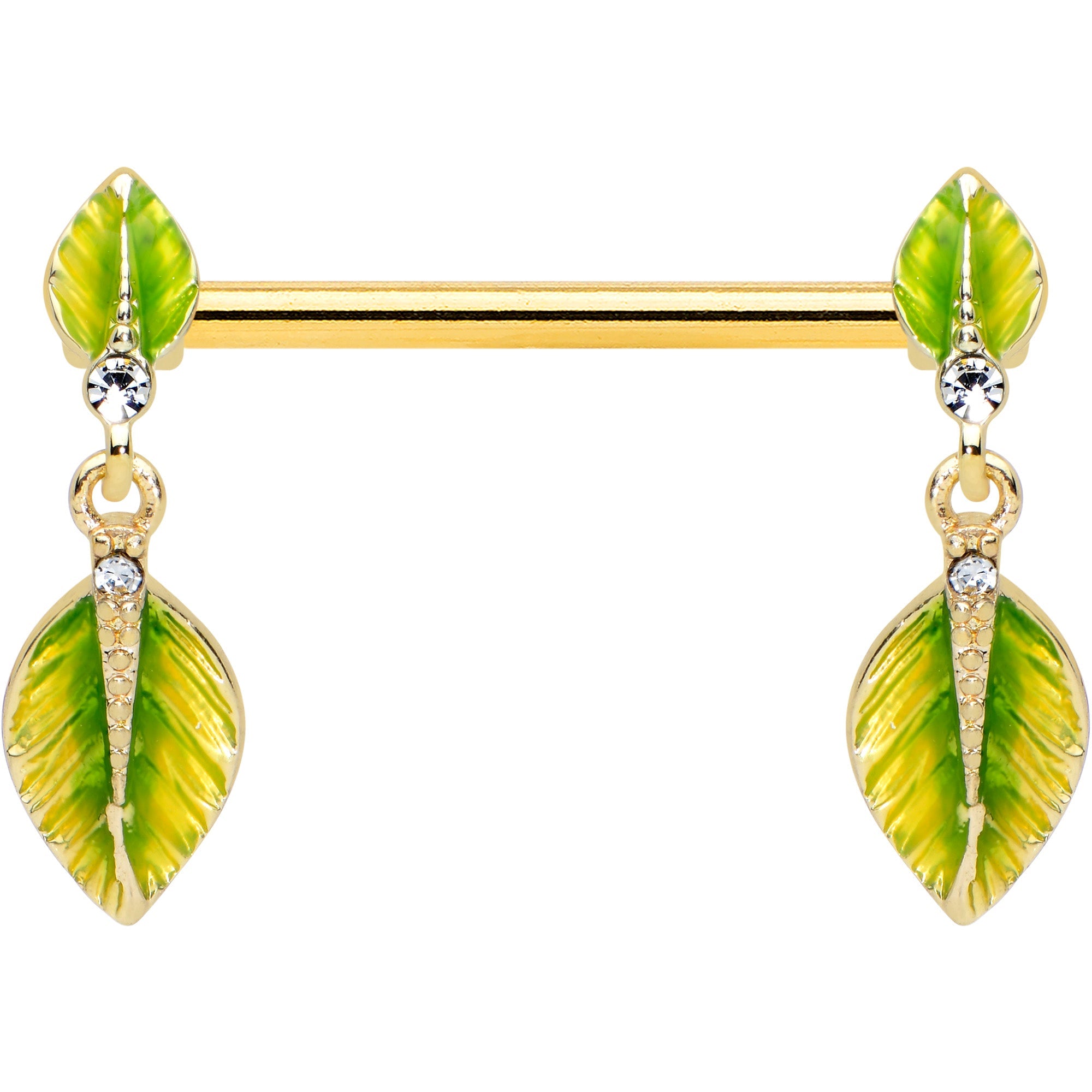 14G 5/8 Clear Gem Gold Tone Lush Leaves Dangle Nipple Ring Set