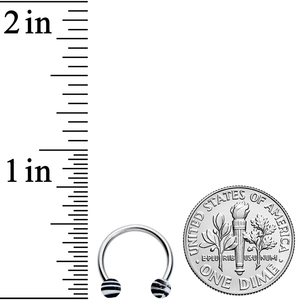 16G 3/8 Matte White Zebra Stripe Ends Horseshoe Circular Barbell