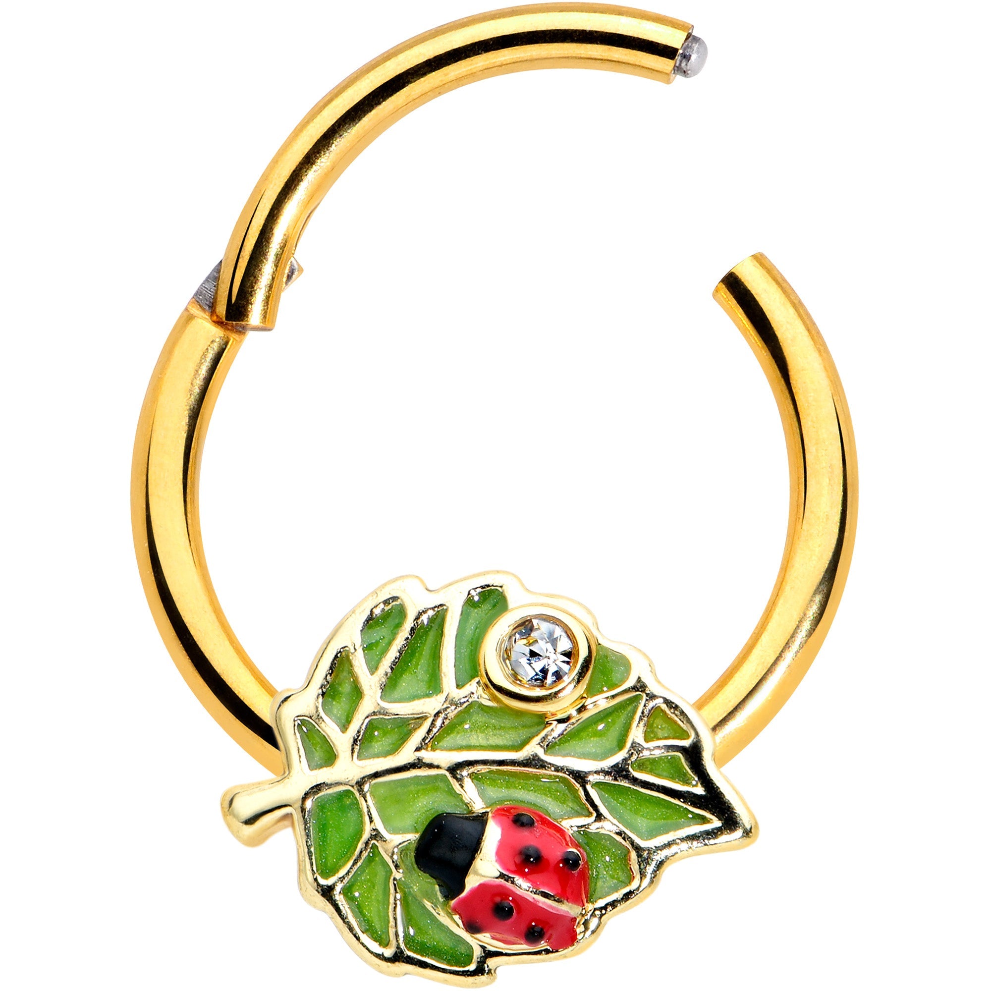 16G 3/8 Clear Gem Gold Tone Leafy Ladybug Hinged Segment Ring