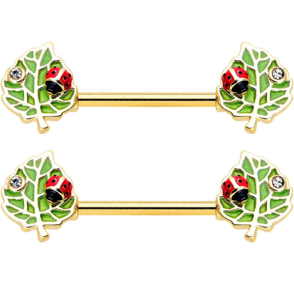 14G 9/16 Clear Gem Gold Hue Leafy Ladybug Barbell Nipple Ring Set