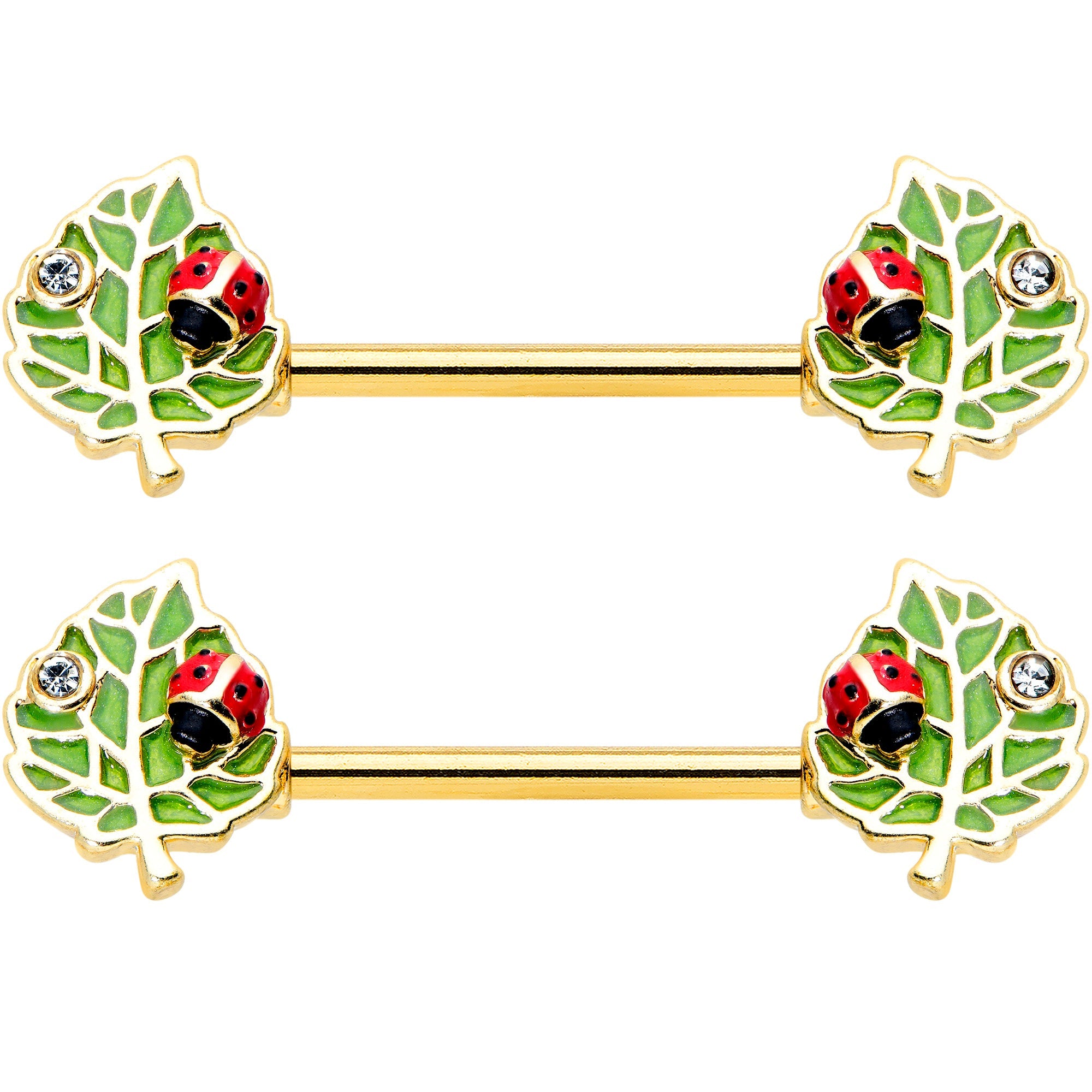 14G 9/16 Clear Gem Gold Hue Leafy Ladybug Barbell Nipple Ring Set