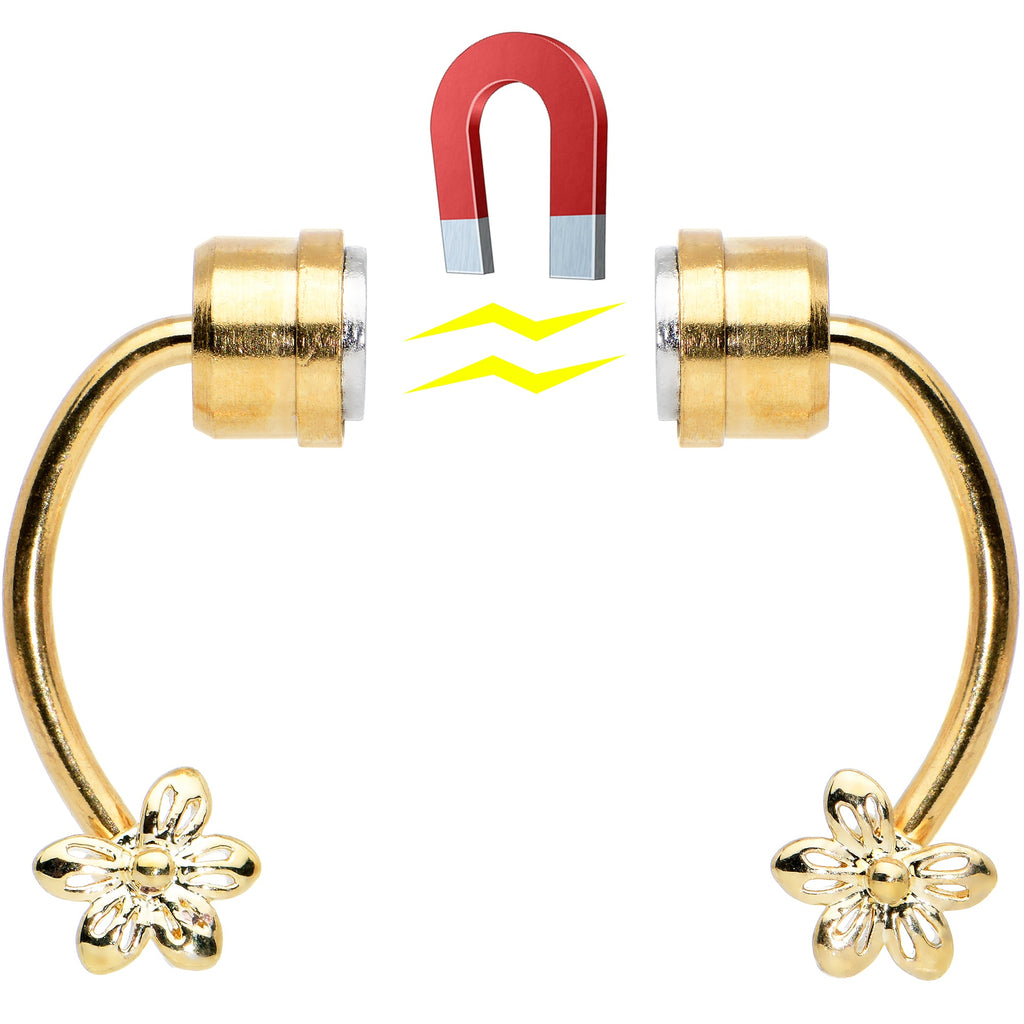 Flower Ends Gold Tone Non Pierced Magnetic Clip On Fake Septum Ring
