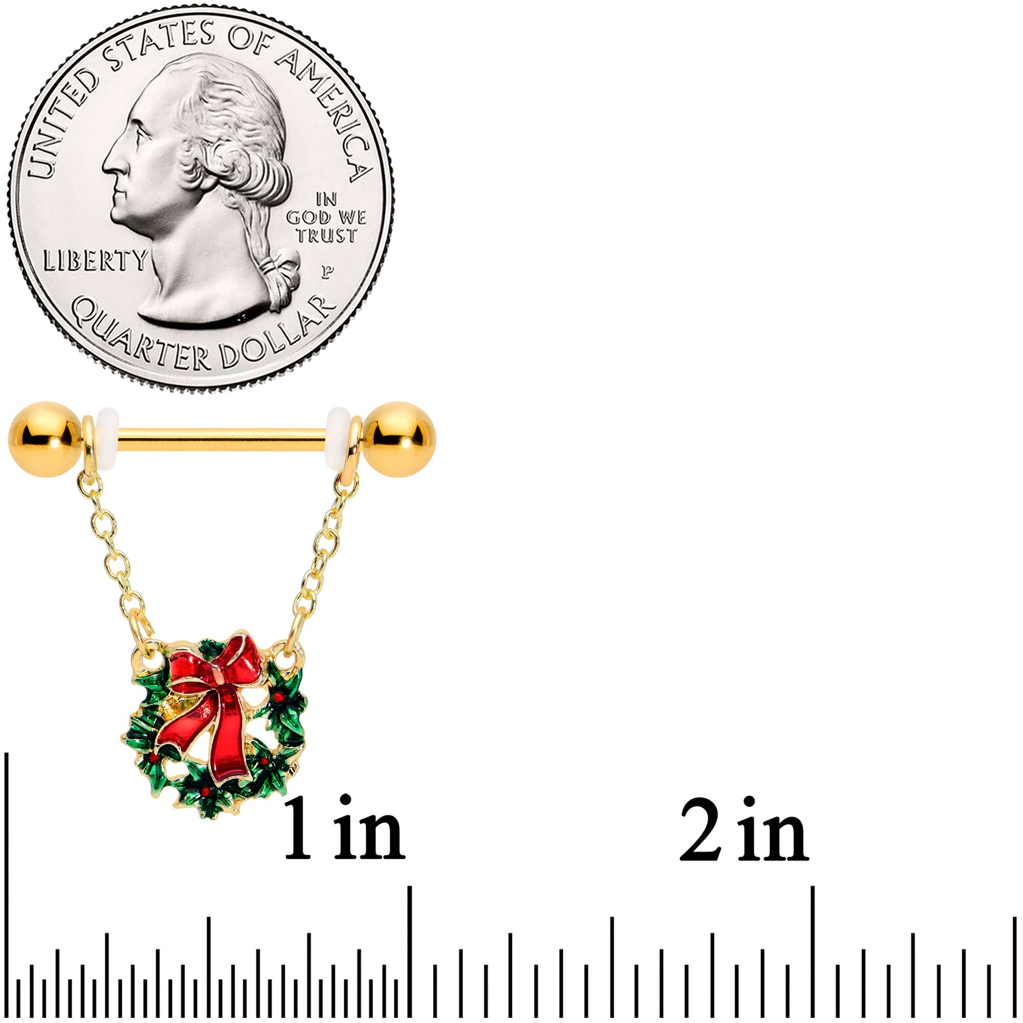 14G 5/8 Gold Tone Festive Wreath Christmas Dangle Nipple Ring Set