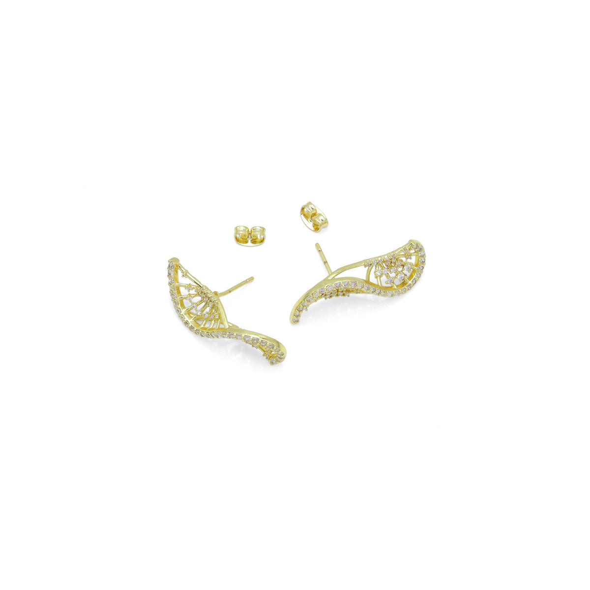 Gold Clear CZ Twisted Fan Shape Stud Earrings, Sku#A421