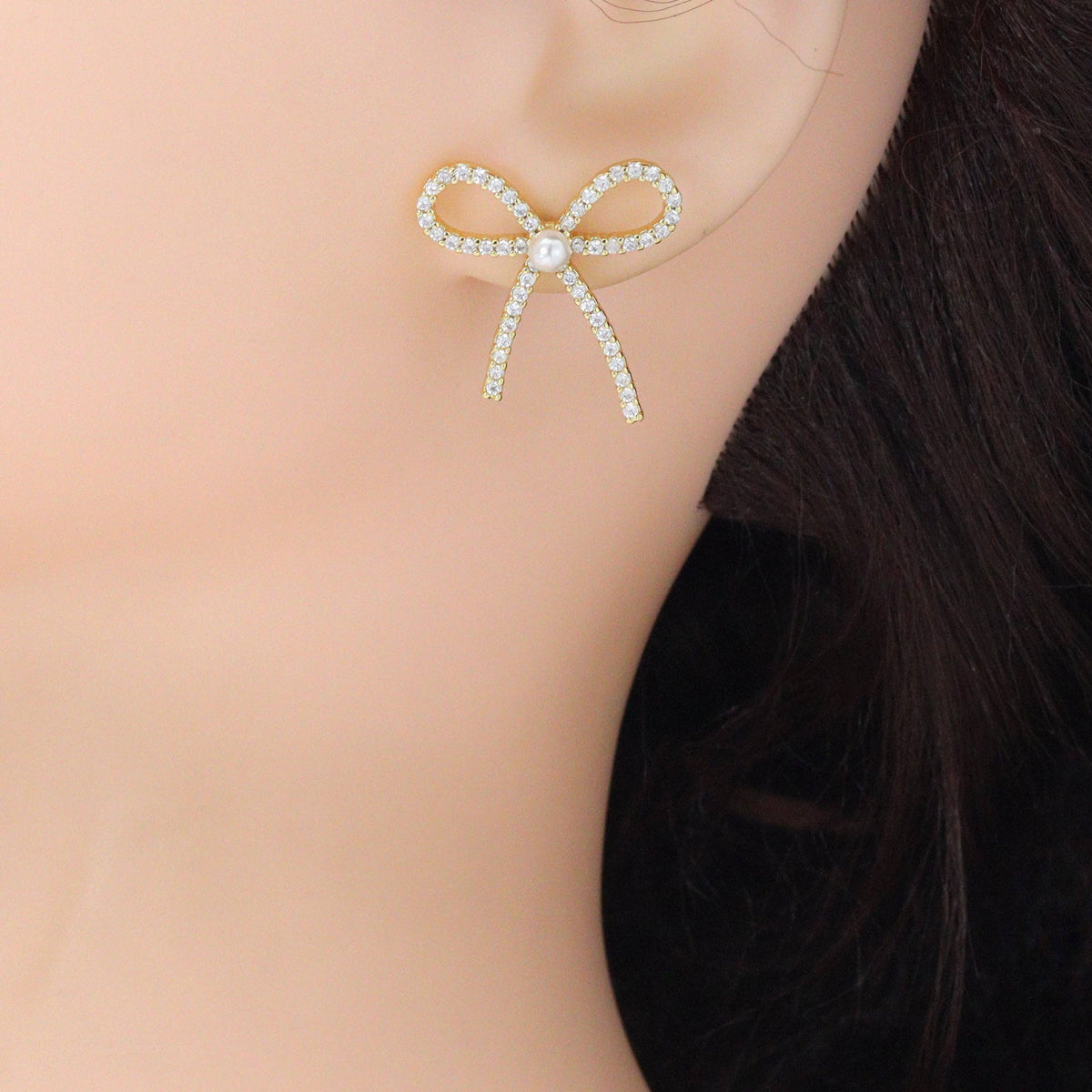 White Pearl Gold Bowknot Star Fish Stud Earring,Sku#LD747