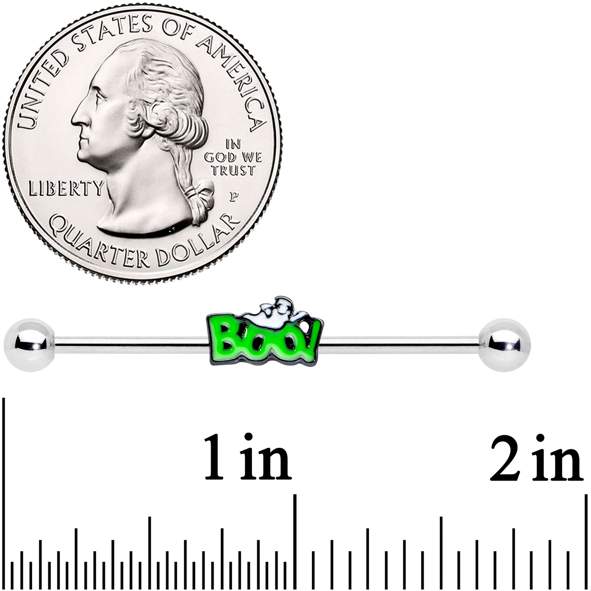 14G Green Boo Smile Ghost Halloween Industrial Barbell 38mm