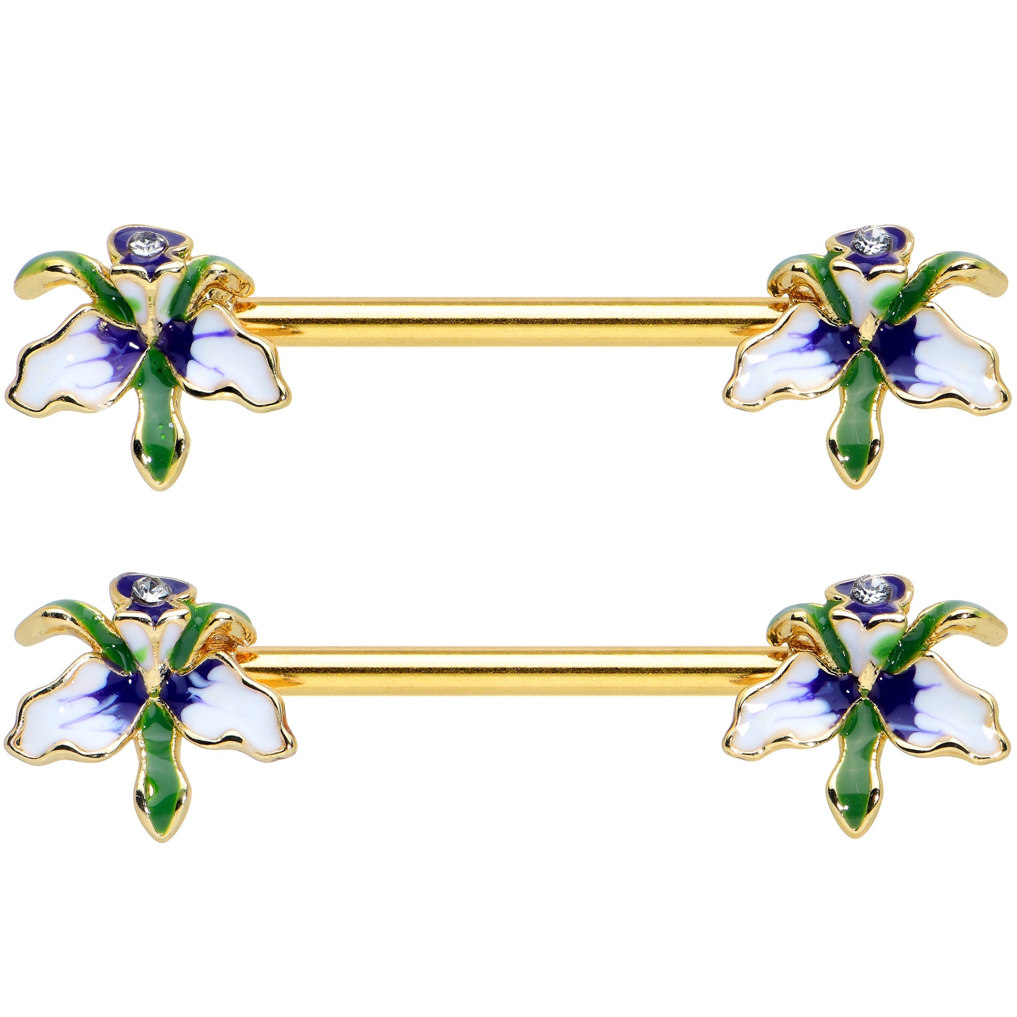 14G 9/16 Clear Gem Gold Tone Iris Flower Barbell Nipple Ring Set