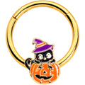 16G 3/8 Gold Tone Black Cat Witch Pumpkin Hinged Segment Ring