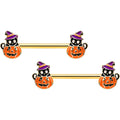 14G 9/16 Gold Hue Black Witch Cat Pumpkin Barbell Nipple Ring Set