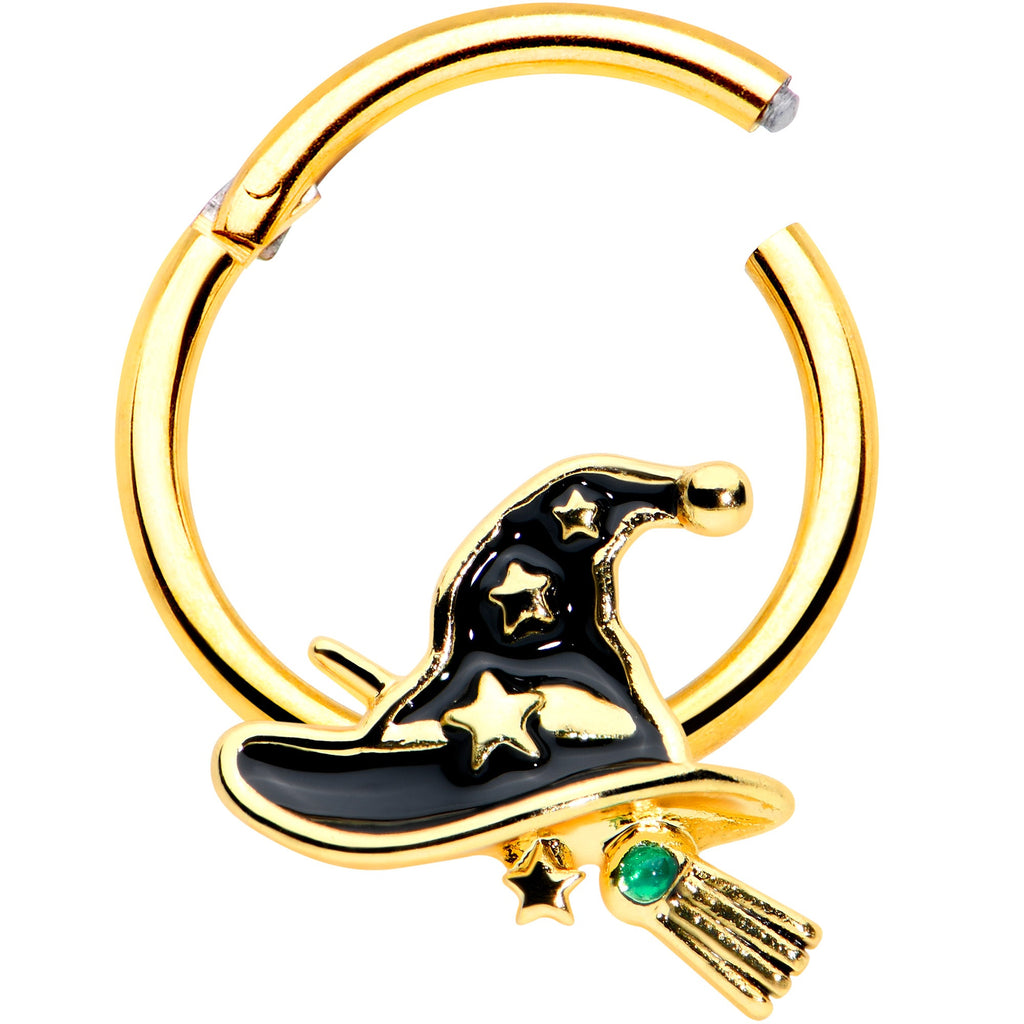 16G 3/8 Gold Tone Witch Hat Broom Halloween Hinged Segment Ring