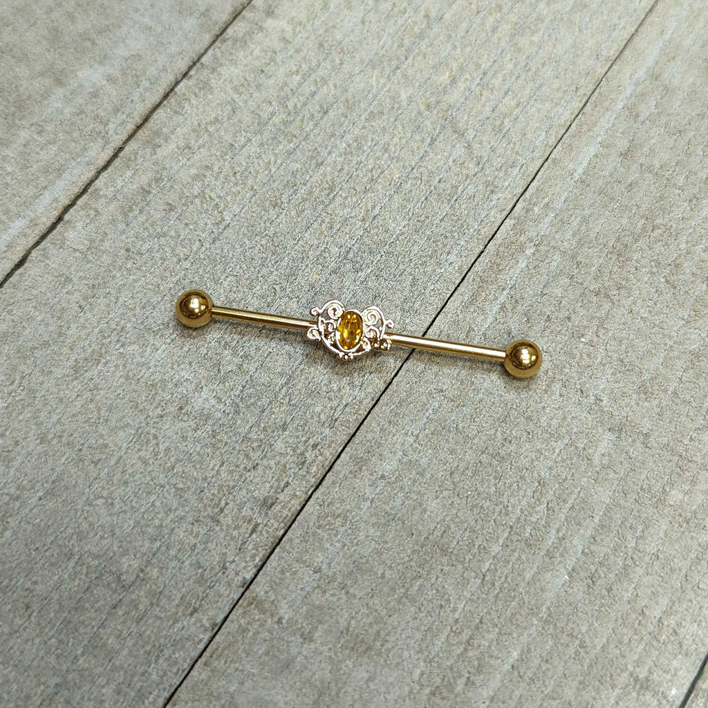 14G Yellow Gem Gold Tone Duet Scroll Industrial Barbell 38mm