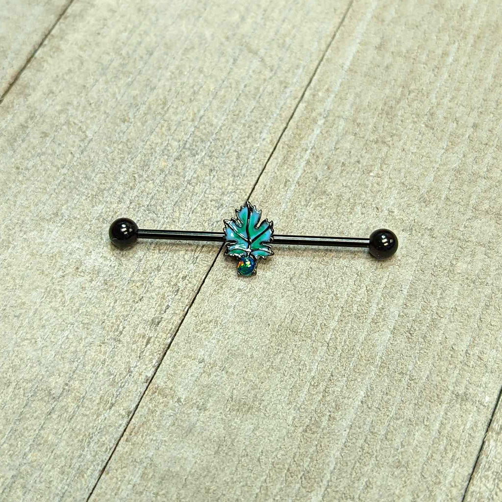 14G Green Synthetic Opal Black Fall Leaf Industrial Barbell 38mm