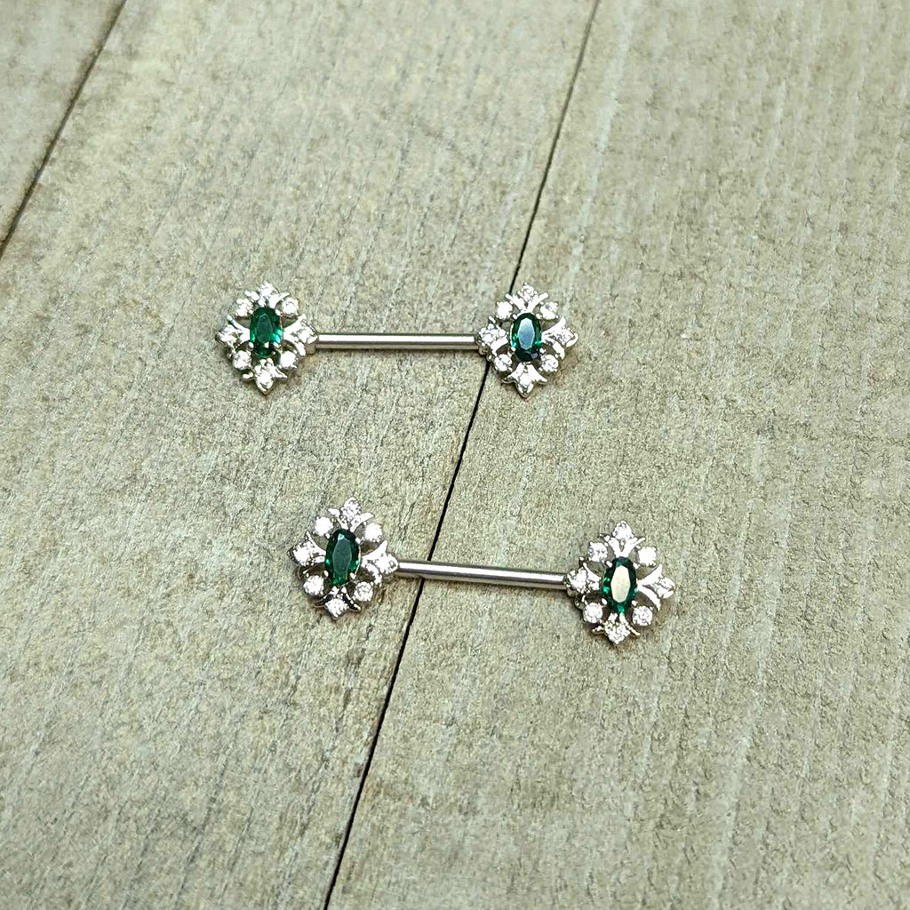 14G 9/16 Clear Green Gem Ornate Art Deco Barbell Nipple Ring Set