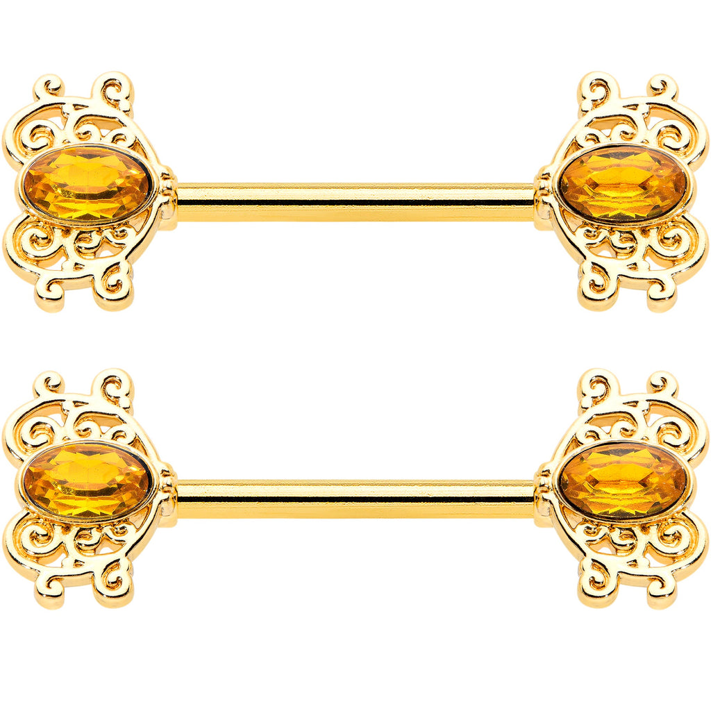 14G 9/16 Yellow Gem Gold Hue Duet Scroll Barbell Nipple Ring Set