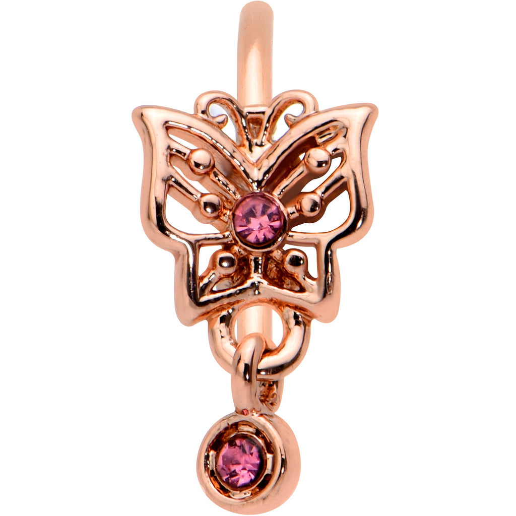 20G 5/16 Pink CZ Gem Rose Gold Tone Geometric Butterfly Nose Hoop