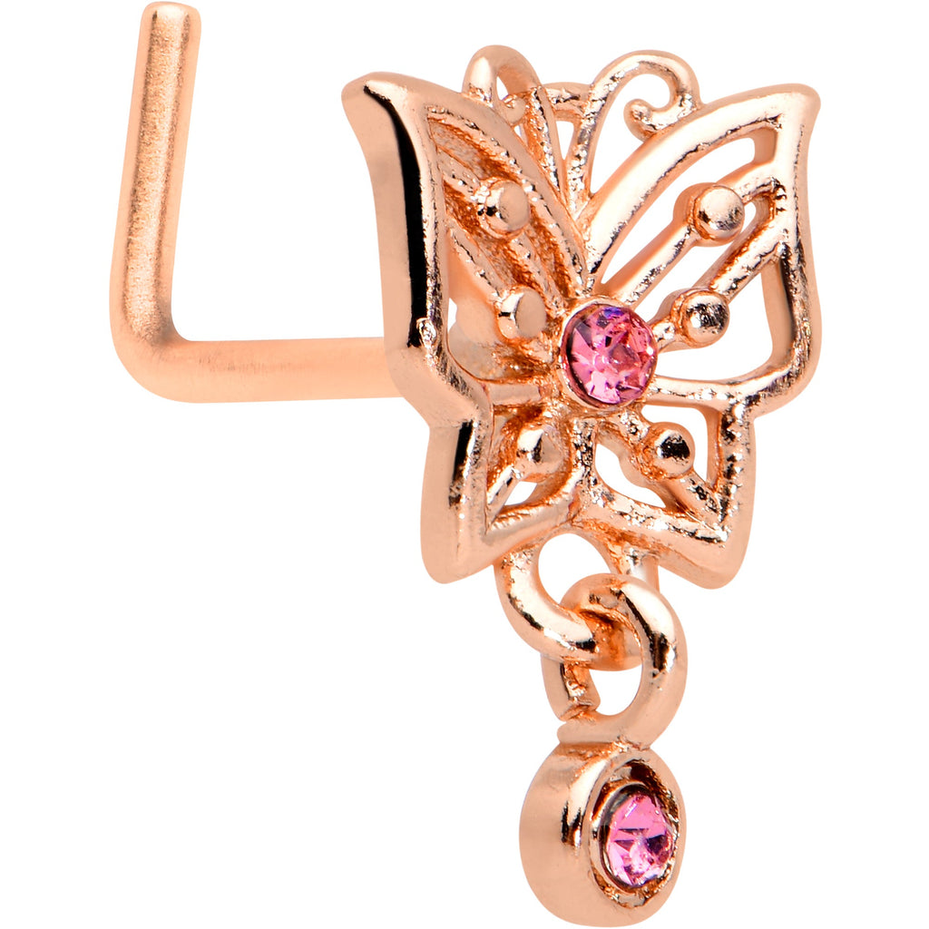 20G 1/4 Pink CZ Gem Rose Gold Hue Geo Butterfly L Shape Nose Ring