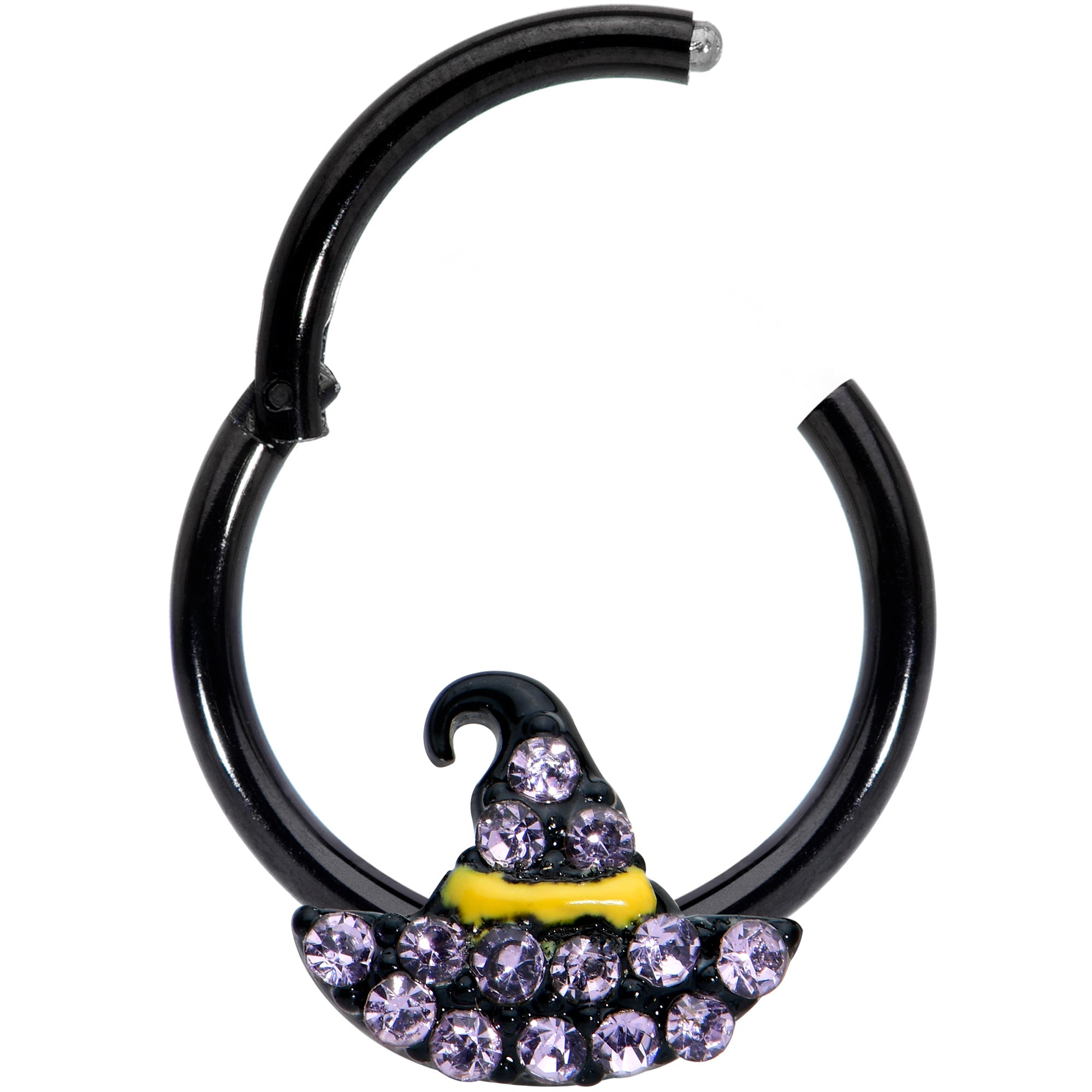 16G 3/8 Clear Gem Black Witch Hat Halloween Hinged Segment Ring