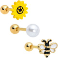 16G 1/4 Gold Tone Bee Smile Flower Cartilage Earring Curation Set of 3