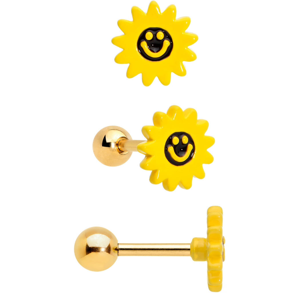 16G 1/4 Gold Tone Bee Smile Flower Cartilage Earring Curation Set of 3