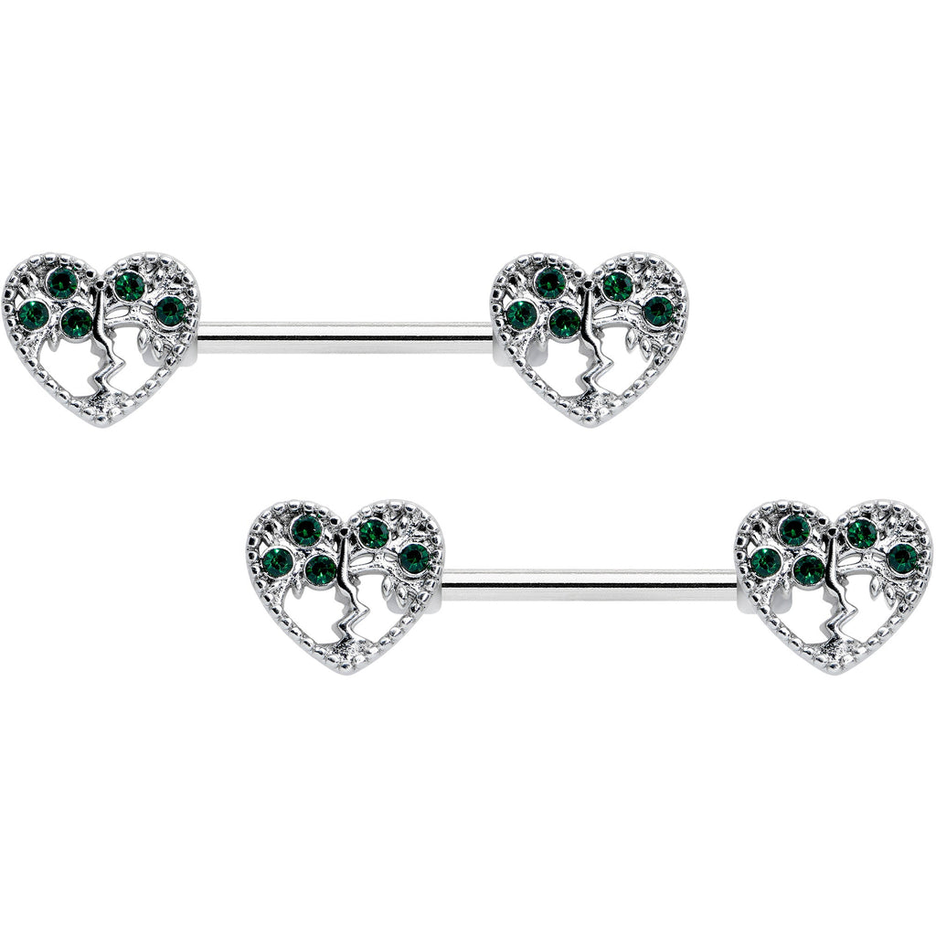 14G 9/16 Green Gem Heart Tree Valentine Nipple Ring Set