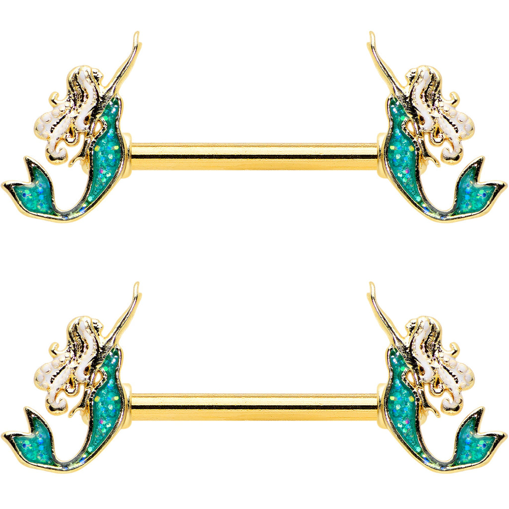 14G 9/16 Green Faux Opal Gold Tone Curvy Mermaid Nipple Ring Set