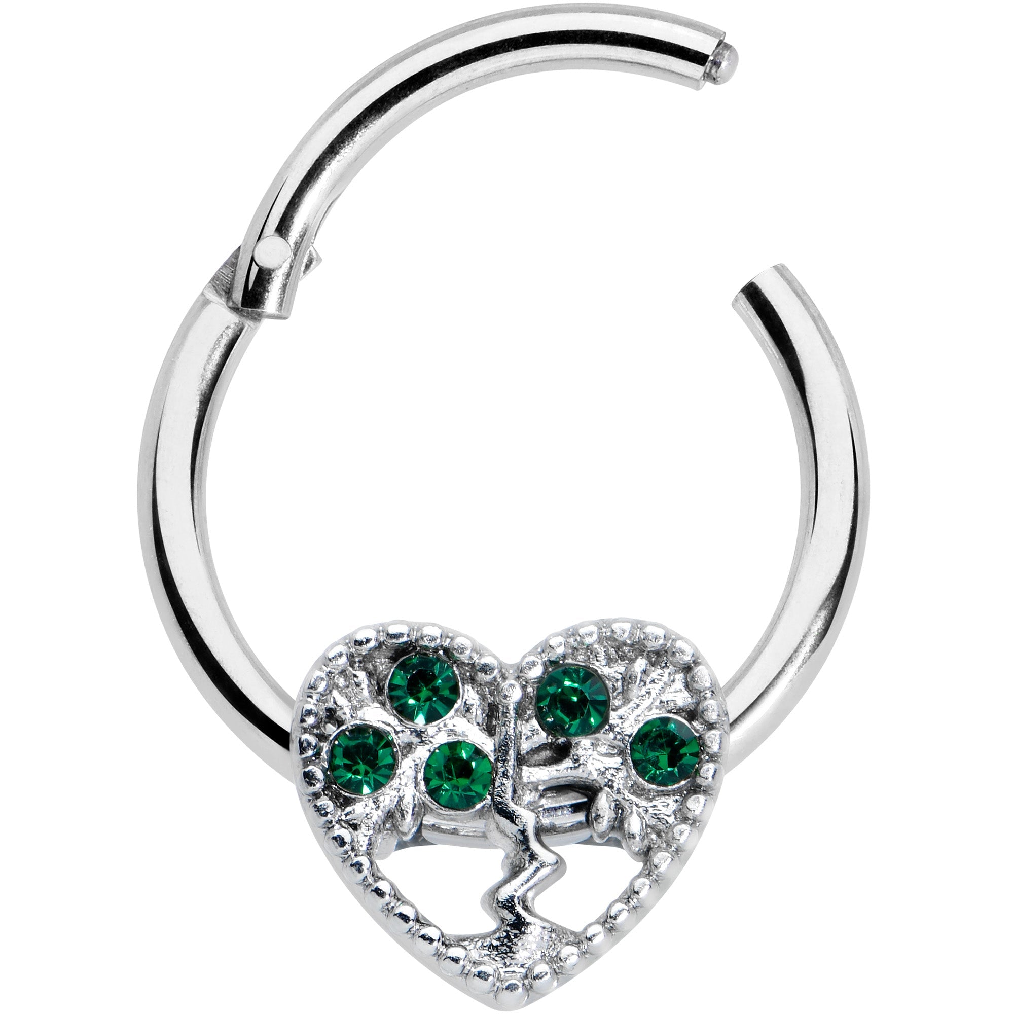 16G 3/8 Green Gem Heart Tree Valentine Hinged Segment Ring