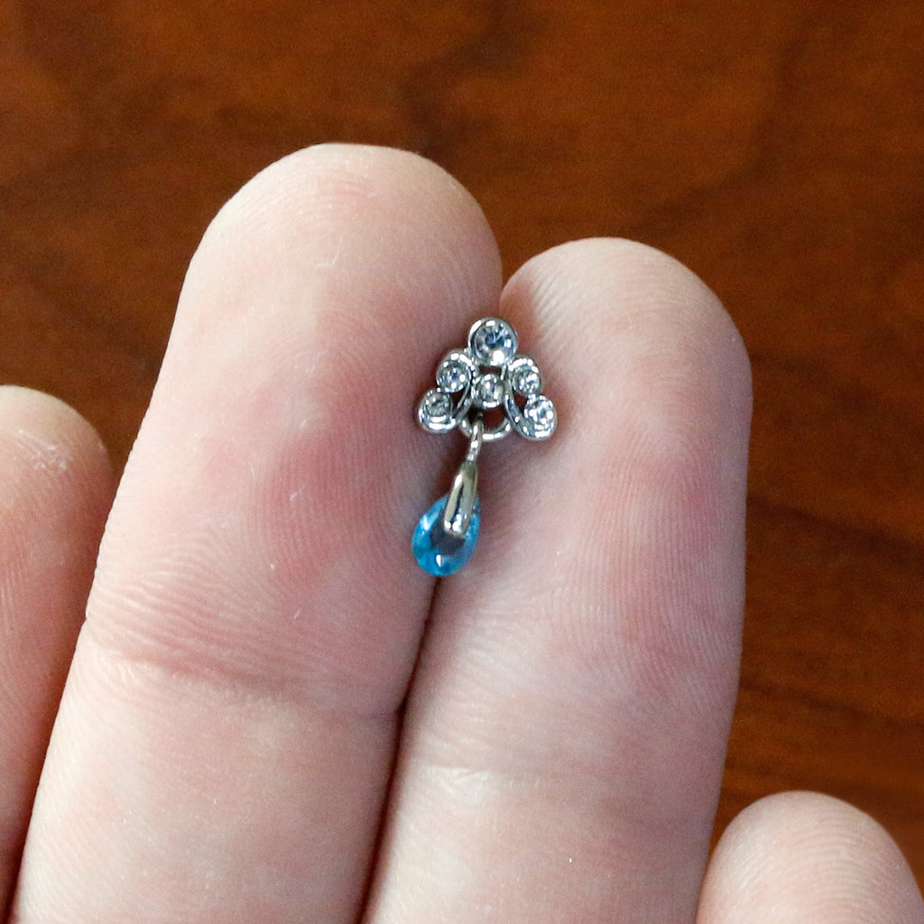 16G 1/4 Clear Blue Gem Scrolling Elegance Dangle Labret Tragus