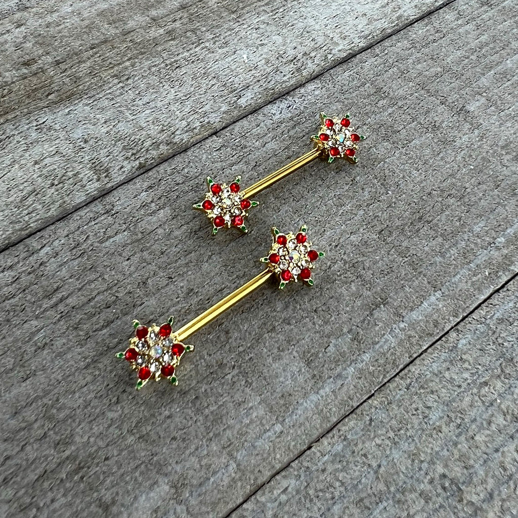 14G 9/16 Red Gem Gold Hue Bright Christmas Barbell Nipple Ring Set