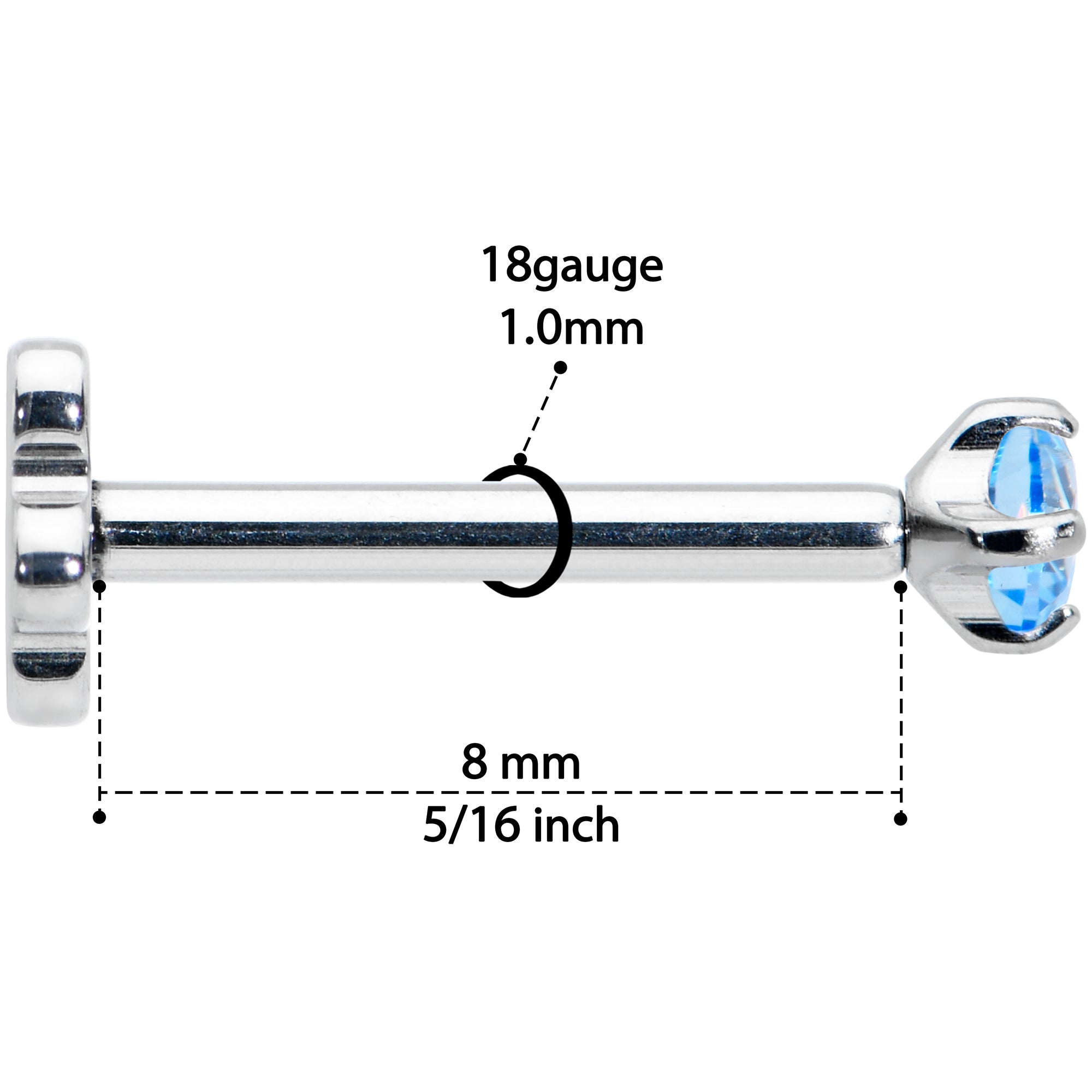 18G 5/16 Blue CZ Gem G23 Titanium Threadless Flower Labret Tragus