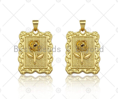 18K Dainty Gold Rose Flower Rectangle Charm, sku#LK231