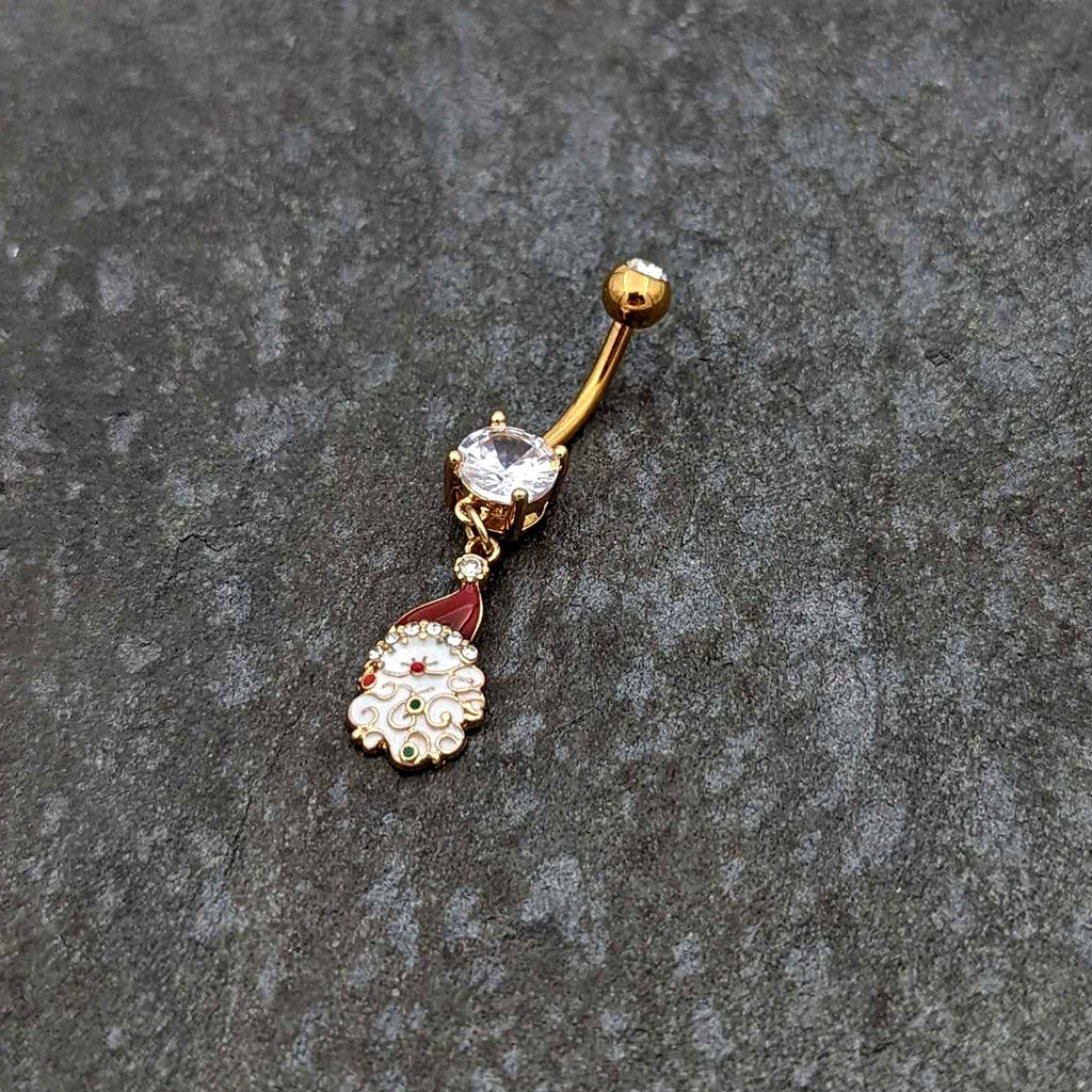 Clear Gem Gold Tone Decorated Santa Christmas Holiday Dangle Belly Ring