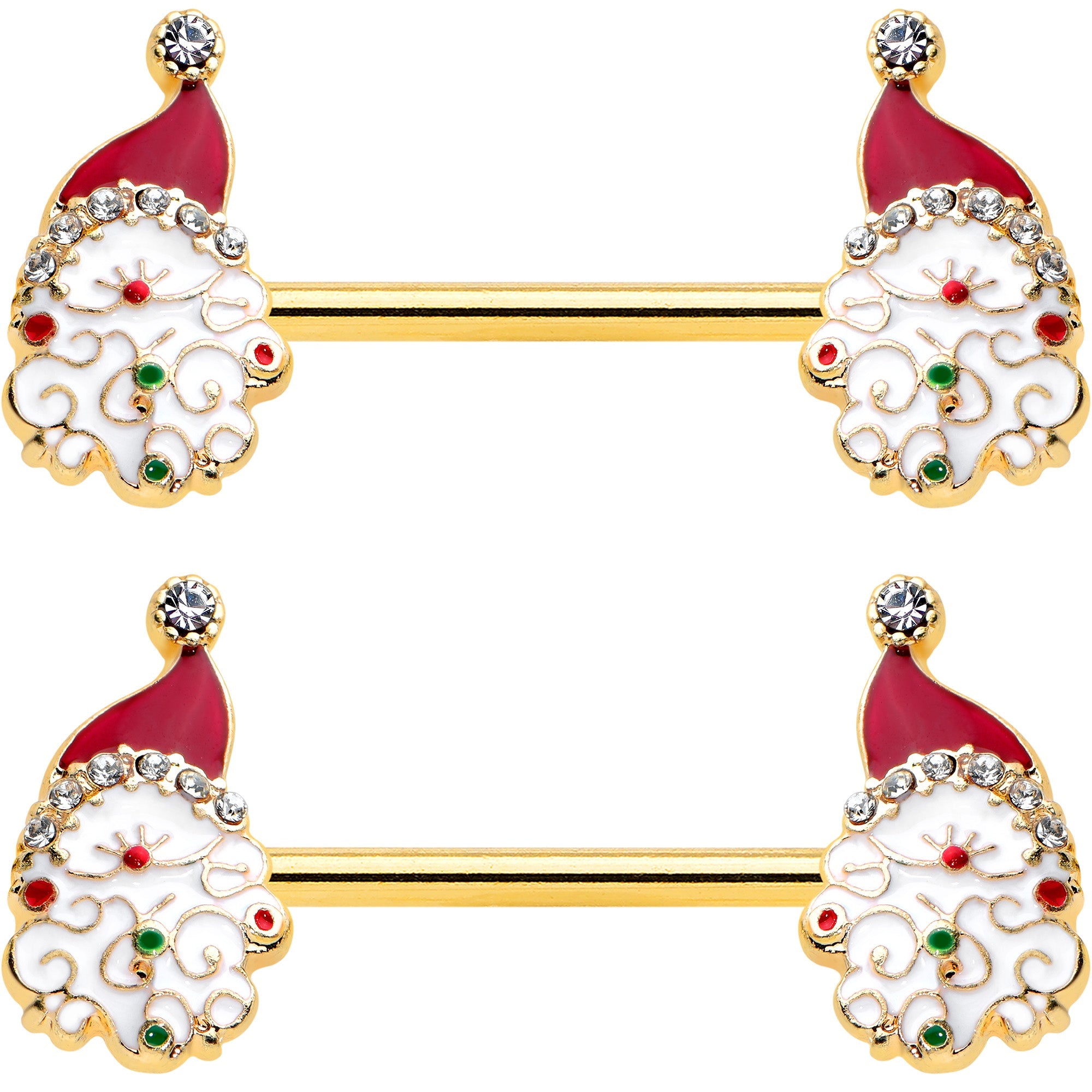 14G 1/2 Clear Gem Gold Tone Decorated Santa Barbell Nipple Ring Set