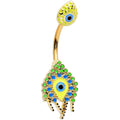 Gold Tone Bold Peacock Feather Double Mount Belly Ring