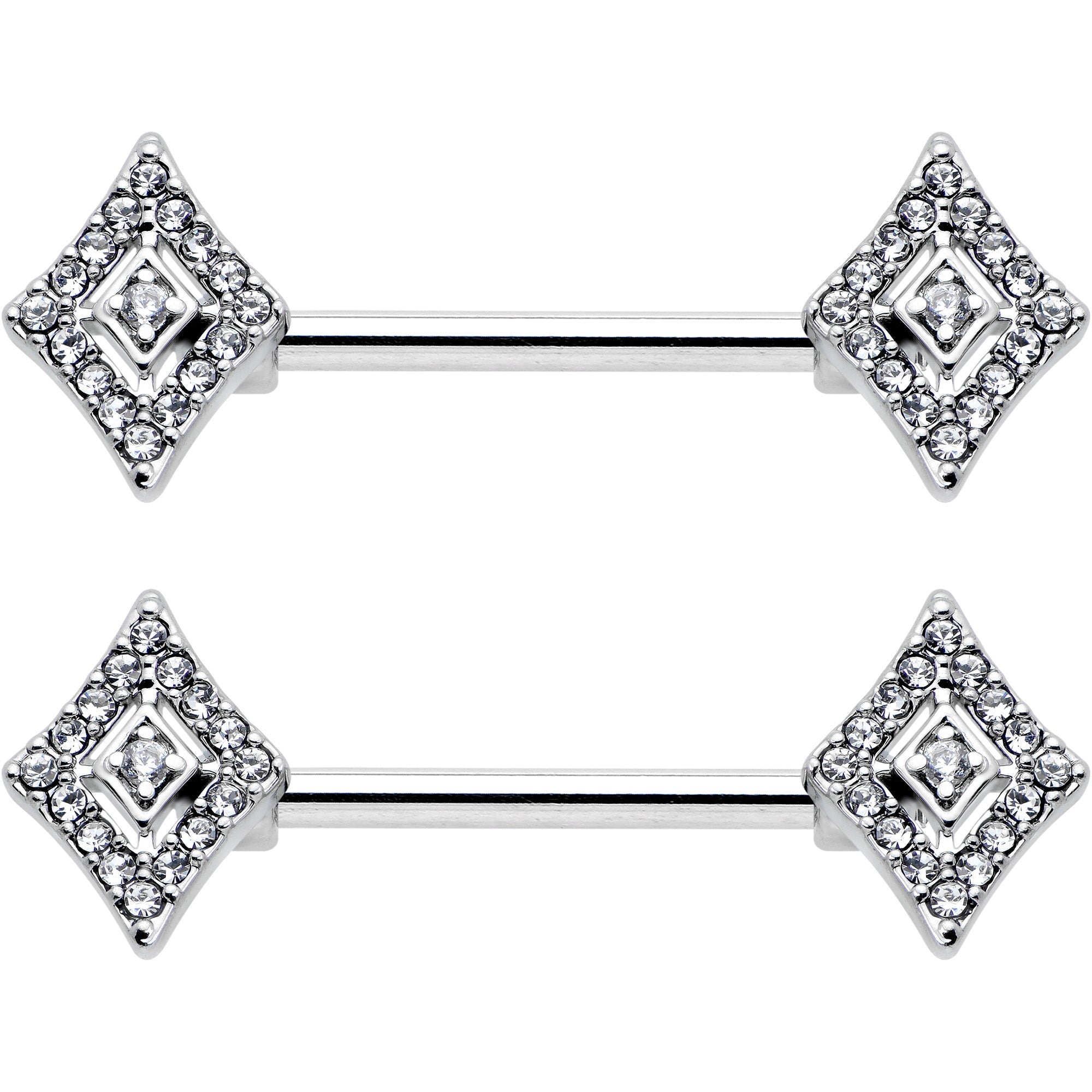 14G 9/16 Clear Gem Double Rhombus Deco Barbell Nipple Ring Set