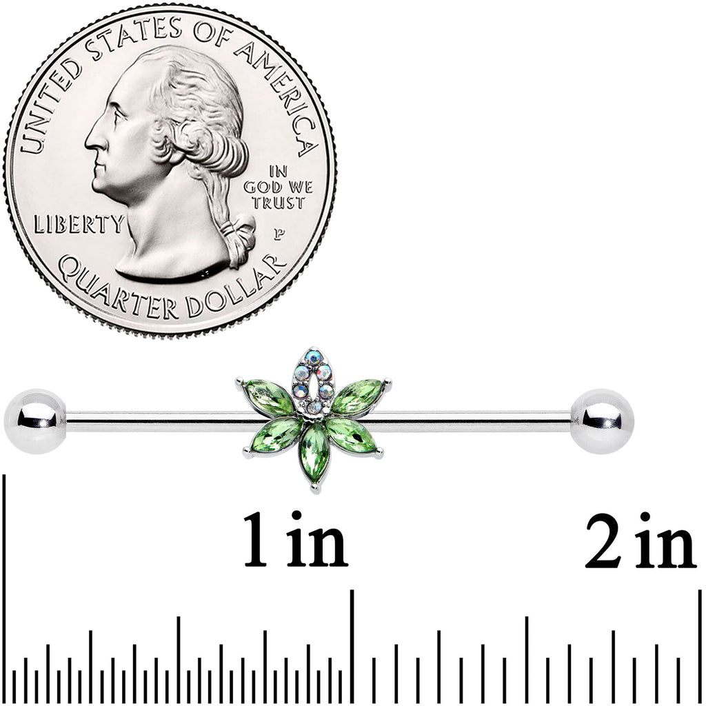 14G Aurora Green Gem Pot Leaf Industrial Barbell 38mm