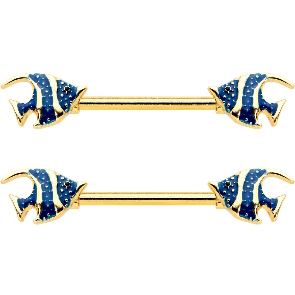 14G 9/16 Gold Tone Blue Stripe Adorable Angelfish Nipple Ring Set